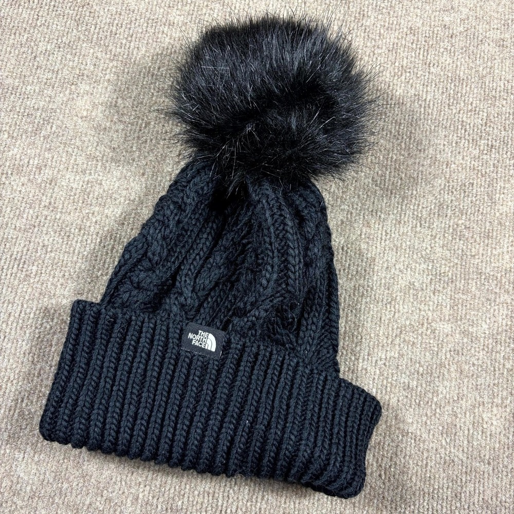 The North Face Beanie Cap Womens One Size Black Logo Faux Fur Pom Pom Cable Knit